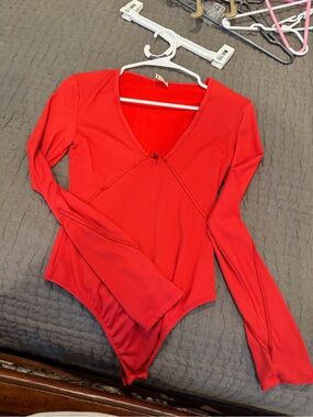 Women’s Red V-Neck Long-Sleeve Bodysuit